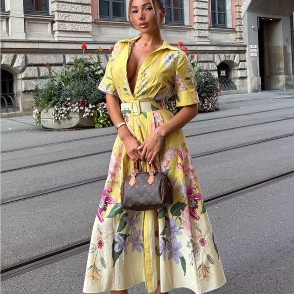 Zara Floral Yellow Dress with the Belt - Picture 3 of 10